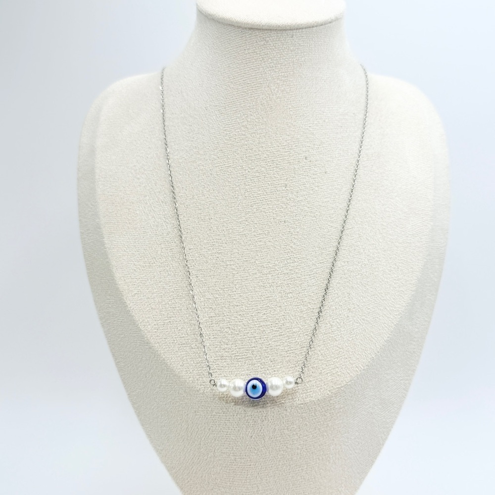 Silver Tone Chain Necklace with Evil Eye and Faux Pearl Beads